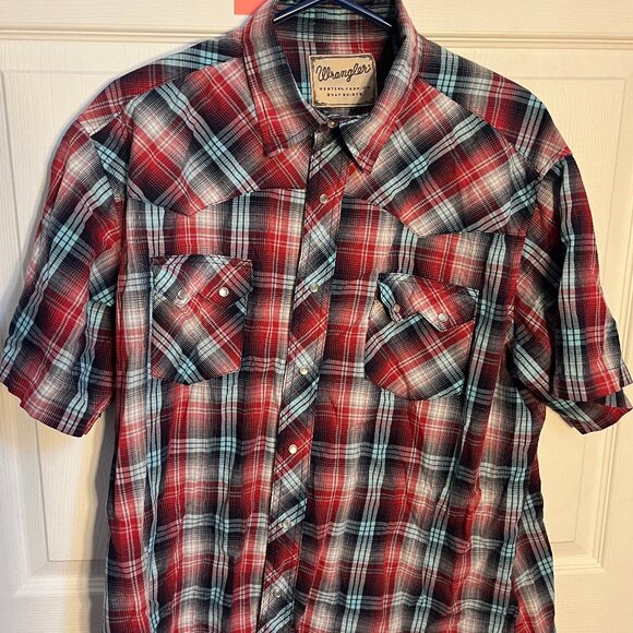 Wrangler Men's Plaid Print Short Sleeve Pearl Snap Western Shirt - Picture 1 of 5